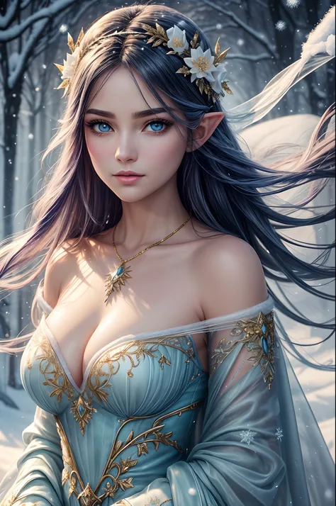 this is a realistic fantasy artwork taking place in a subzero cold winter landscape. generate a stately, elegant, and graceful p...