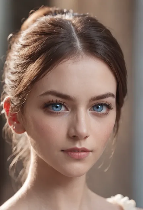 there is a woman, ponytail hair, realistic blue eyes, almond-shaped eyes, one little mole above upper lip, beautiful face, looking directly to the camera, headshot, cinematic lighting, depth of field, bokeh, realism, hyperrealism, professional photography,...