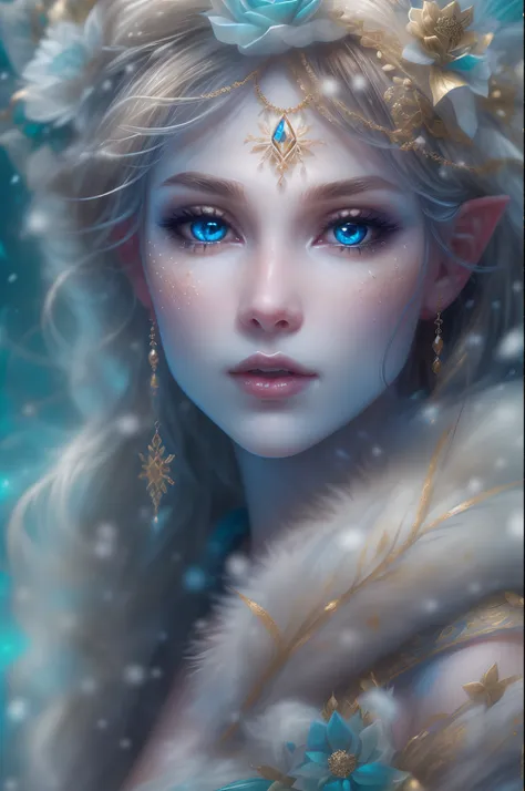 This is a realistic fantasy artwork taking place in a subzero cold winter landscape. Generate a stately, elegant, and graceful Pocahontas elf in a magical world of stunning gilded roses with multicolors and shimmering ice glittering in the light. Her face ...