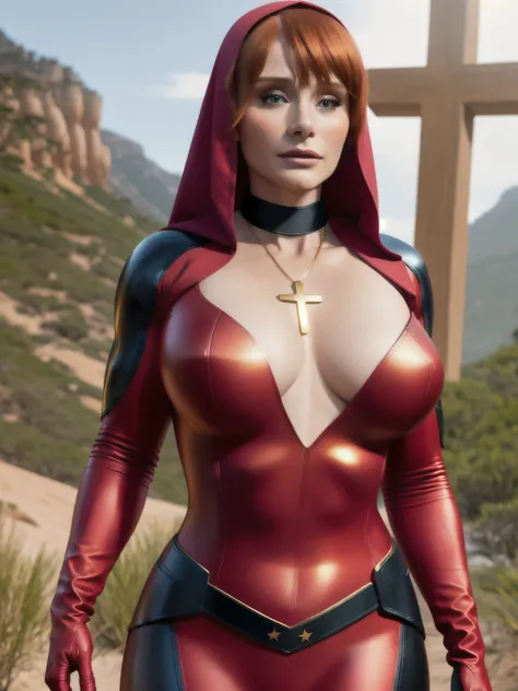 Bryce Dallas Howard, red hair, wearing (warrior nun, superhero tight suit)1.2, (cleavage with gold Christian-cross necklace between natural boobs)1.4, (beautiful detailed face), (stylish bob haircut)1.2, natural breasts, (stacked boobs), (braless) (pokies)...