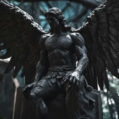 a close up of a black statue with large wings, humanoid male, faceless, angel devoid of a face, lack of facial features, plain face, angel of death, unreal engine render + a god, villain has black wings, no face, plain face, muscular build, garden backgrou...