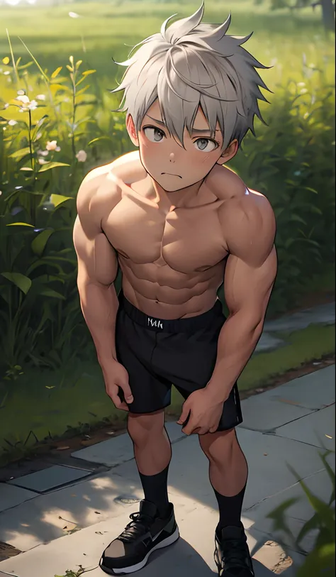 (masutepiece, Best Quality), １shoun，Lewdness，younge boy，child-faced，Boys face，sideface，adolable，infancy，young age，short round face，Flat chin，finely detaild face，Color Brief，well-muscled, Light gray hair,grey  eyes，opens his eyes wide, with an intricate, fu...