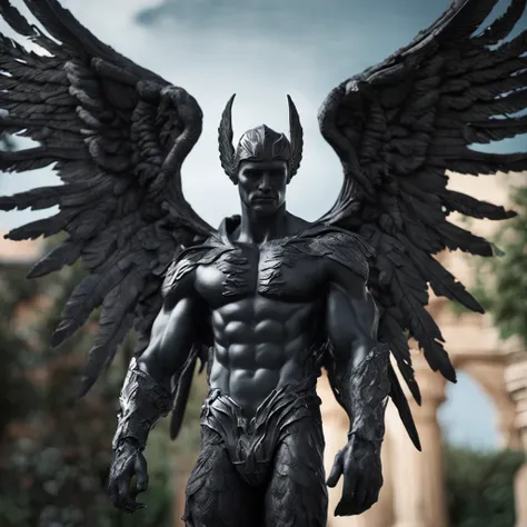 a close up of a black statue-like male with large wings, humanoid male, faceless, angel devoid of a face, lack of facial features, plain face, angel of death, unreal engine render + a god, villain has black wings, no face, plain face, muscular build, garde...