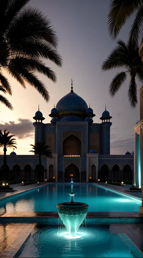 fountain in a pool with lights in front of a large royal mosque, detailed structure, ((detailed fountain)), detailed cinematic p...