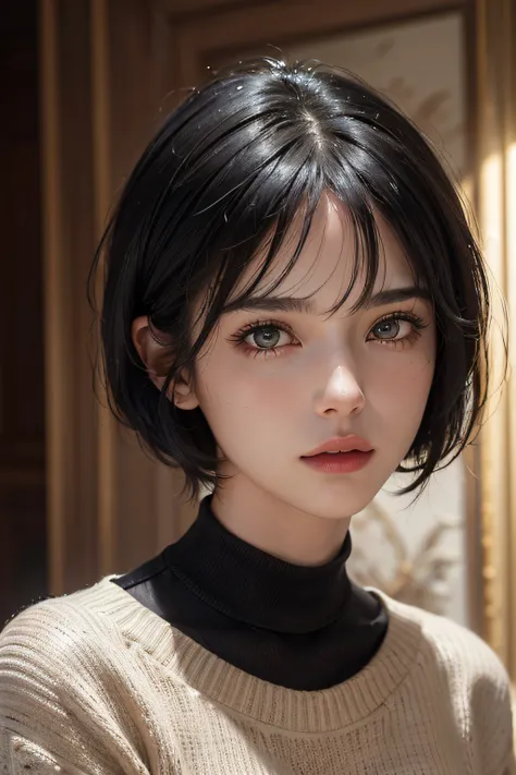 (masterpiece:1.3), (8k, photorealistic, RAW photo, best quality: 1.4), (1girl), beautiful face, (realistic face), (black hair, short hair:1.3), beautiful hairstyle, realistic eyes, beautiful detailed eyes, (realistic skin), beautiful skin, (sweater), absur...