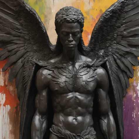 a close up of a black statue-like male with large wings, humanoid male, faceless, angel devoid of a face, lack of facial features, plain face, angel of death, unreal engine render + a god, villain has black wings, no face, plain face, muscular build, garde...