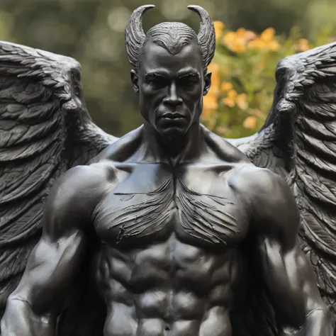 a close up of a black statue-like male with large wings, humanoid male, faceless, angel devoid of a face, lack of facial features, plain face, angel of death, unreal engine render + a god, villain has black wings, no face, plain face, muscular build, garde...