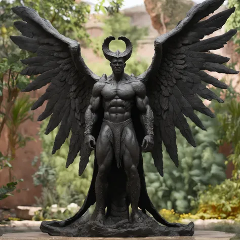 a close up of a black statue-like male with large wings, humanoid male, faceless, angel devoid of a face, lack of facial features, plain face, angel of death, unreal engine render + a god, villain has black wings, no face, plain face, muscular build, garde...