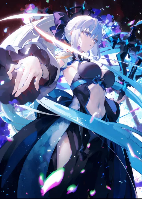 anime girl with sword in a black dress surrounded by blue and purple confetti, detailed key anime art, fate grand order, nightcore, splash art anime loli, ufotable art style, anime style like fate/stay night, best anime 4k konachan wallpaper, epic light no...