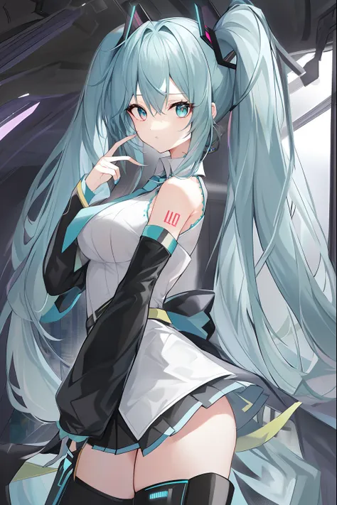 Lets start with a base illustration of a young female character.
Adjust the hair color to Hatsune Mikus iconic turquoise blue.
Style the hair to be very long, reaching below the waist, in twin tails. Ensure the twin tails are evenly balanced and neatly wra...