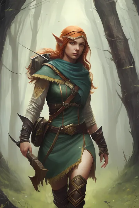 Art by greg rutkowski, female elf, she has orange short hair, archer, walking through the forest, wearing female hunter clothes --auto --s2