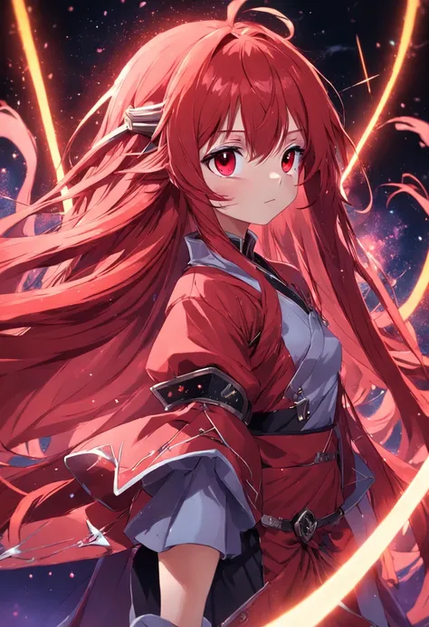 Kizi，Red long-haired，red color eyes，big sword，pastels，glitters。