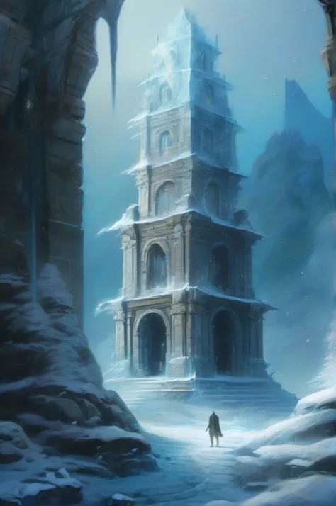 (((obra de arte))), melhor qualidade, detalhes ultra-detalhados, atmosfera gelada, Mysterious rune shrouded in icy mist, Icy air circling the glittering blue ruins, gravadas na paisagem.