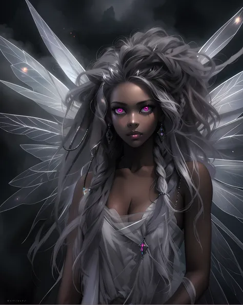 sad hyper realistic, beautiful sad african american dark cloud fairy sark princess fairy, large fairy wings, long silver shiny dreadlocks,white glowing eyes eyes, surrounded my dark thick smoke with silver linings, GIANT FAIRY WINGS, holding a white storm ...