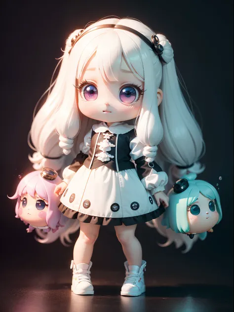 Super Cute Girl Full Body 3D Image, 1pc, Good Eyes Look, Big Eyes, Cute, Happy, C4D, Pop Matte Blind Box, Long White Hair, Bright Bubbles, Toys, Solid Color Background, Chibi, Fluorescent Translucent, Glow, Kawaii, Doll, Reference Table, Blind Box Pop Mark...