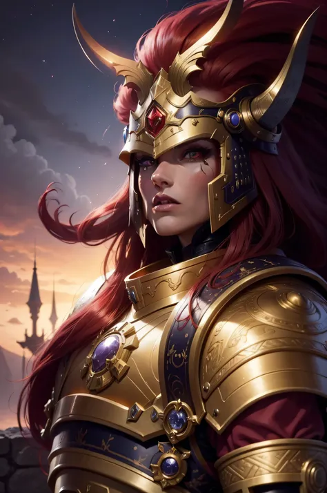 30 year old women, fabulous, gorgeous, best quality, 8k, Red skin, long red hair, pruple eyes, aggressive facial expression, space marine, Fujifilm, 12k, gothic, dark, ultra sharp, new armor