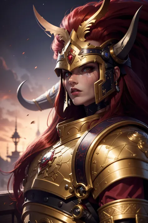 30 year old women, fabulous, gorgeous, best quality, 8k, Red skin, long red hair, pruple eyes, aggressive facial expression, space marine, Fujifilm, 12k, gothic, dark, ultra sharp, new armor