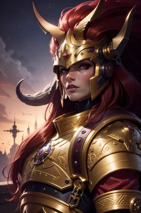 30 year old women, fabulous, gorgeous, best quality, 8k, Red skin, long red hair, pruple eyes, aggressive facial expression, space marine, Fujifilm, 12k, gothic, dark, ultra sharp, new armor