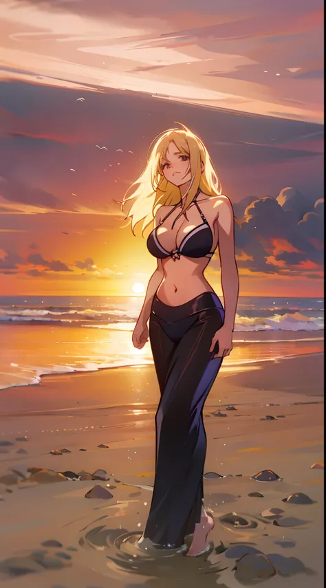 "junge blonde frau, mit langen nassen Haaren,  , einem schwarzen Bikini, am Strand bei Sonnenuntergang." mid large breasts