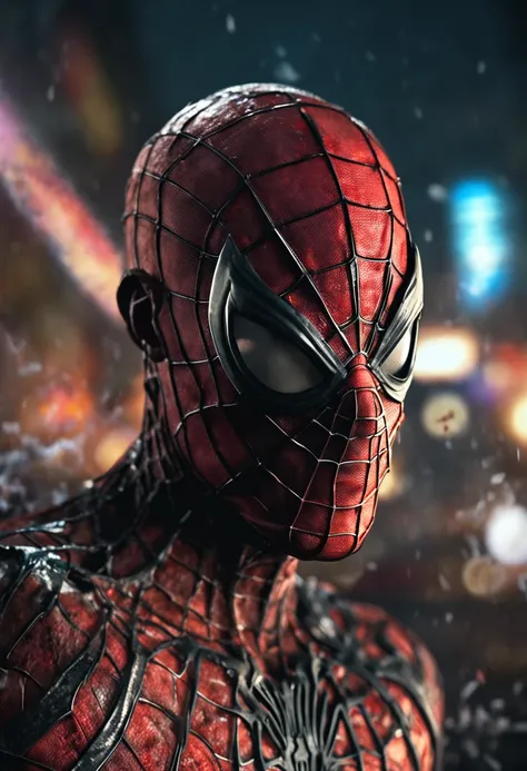 realistic portrayal of spiderman emerges, his face twisted into a zombie-like visage, his suit tattered and worn man