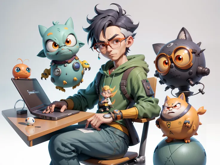 A young man with glasses sits at his desk，holding laptop，digitial painting，3D character design by Mark Clairen and Pixar and Hayao Miyazaki and Akira Toriyama，4K HD illustration，Very detailed facial features and cartoon-style visuals。