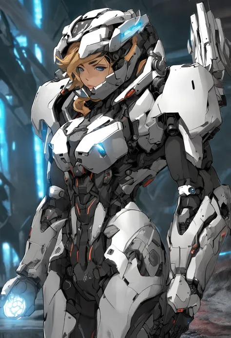 A woman, white mecha suit + black armor with silver parts, long, short golden hair, hair with bangs in front of her eyes, helmet on her head, sparkling blue eyes, looking at the viewer, ((( pose interacting and leaning [ on an object | on something in the ...