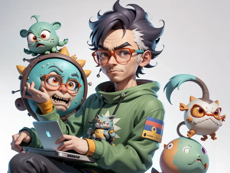 A young man with glasses sits at his desk，holding laptop，digitial painting，3D character design by Mark Clairen and Pixar and Hayao Miyazaki and Akira Toriyama，4K HD illustration，Very detailed facial features and cartoon-style visuals。