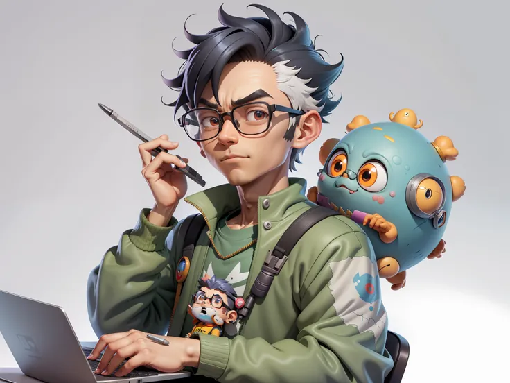 A young man with glasses sits at his desk，holding laptop，digitial painting，3D character design by Mark Clairen and Pixar and Hayao Miyazaki and Akira Toriyama，4K HD illustration，Very detailed facial features and cartoon-style visuals。