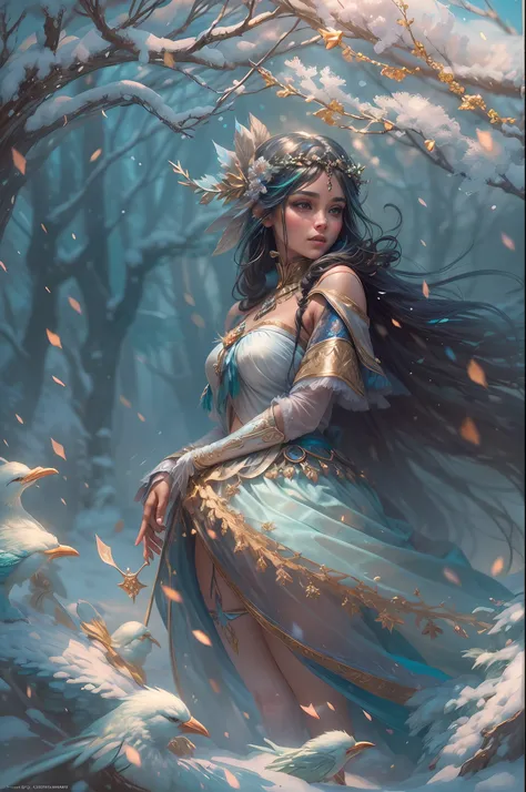 This is a realistic fantasy artwork taking place in a subzero cold winter landscape. Generate a stately, elegant, and graceful (((Pocahontas))) elf in a magical world of stunning gilded roses with multicolors and shimmering ice glittering in the light. Her...