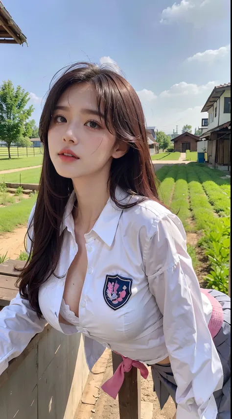 JK school uniform，Sexy appearance，White color blouse，F-cup，Pink Long Hair，Exposed cleavage，Stand on the roof of the countryside，Cold white skin，Smooth skin，Bigger eyes，Lying silkworm