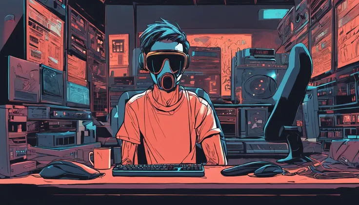 (masutepiece, of the highest quality, Best Quality, Official art, Beautiful and aesthetic:1.2),(Cyberpunk:1.4) Hacker boy with his mouth covered with a black mask and a hacker logo on the left of the mask, ( in front he has his desk , on top of it the PC m...