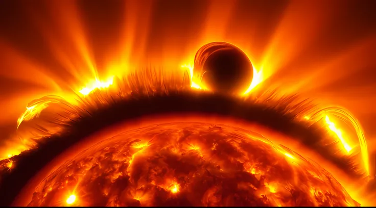 um close up do sol com uma chama saindo dele, the sun is exploding, solar flare unreal engine, The surface of the sun, solar flares, sol explodindo no fundo, cosmic sun in the background, solar flare, O sol. Beautiful, tempestade solar, solar flare hd, sun...