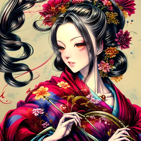 A woman in a kimono sat，A flower stuck in his hair, beautiful character painting, Seductive eyes, Exaggerated crimson eyeshadow, Slightly flared cyst, Paintings by Yoshitaka Amano, Ukiyo-e art style, Vintage style, Artistic illustration cover, Yoshitaka Am...