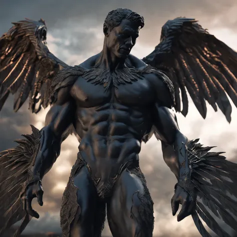 a close up of a noir black statue like male with large wings, humanoid male, faceless, devoid of a face and hair, lack of facial features, plain face, angel of death, unreal engine render + a god, villain has black wings, no face, plain face, muscular buil...