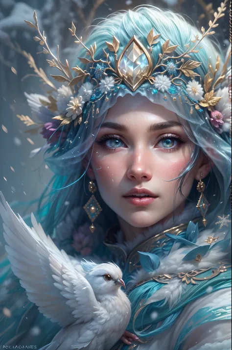 This is a realistic fantasy artwork taking place in a subzero cold winter landscape. Generate a stately, elegant, and graceful (((Pocahontas))) elf in a magical world of stunning gilded roses with multicolors and shimmering ice glittering in the light. Her...