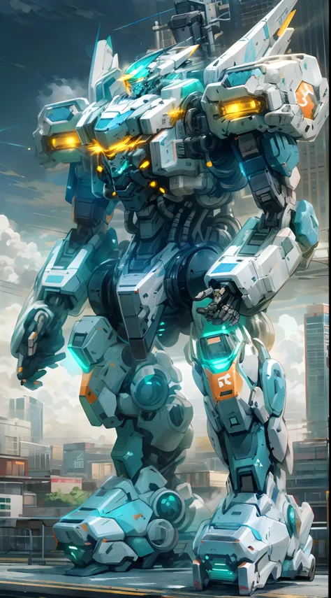 sky, cloud, holding_weapon, no_humans, glowing, , robot, building, glowing_eyes, mecha, science_fiction, city, realistic,mecha