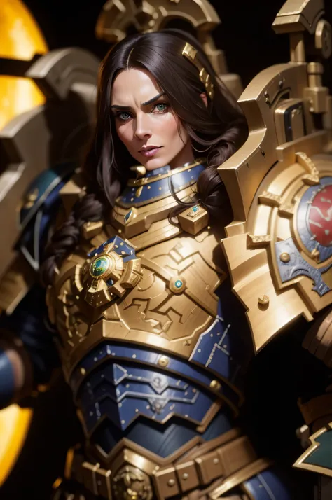 40 year old women, fabulous, gorgeous, best quality, 8k, European, long brunette hair, green eyes, aggressive facial expression, space marine, Fujifilm, 12k, gothic, dark, ultra sharp, new armor, NSFW, syberpunk