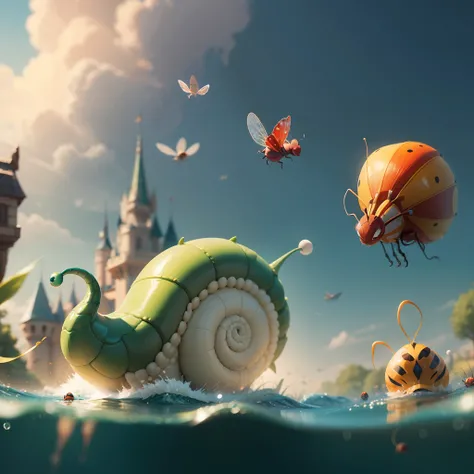 Fantasy, Cartoon illustration of a fantasy world with bizarre large snails and ladybugs and dragonflies, Flying over the surface of the lake, Everyone is cheerful and happy. close-up, cartoon style Disney Pixar. cinematic, Lots of details. Blurred fantasy ...