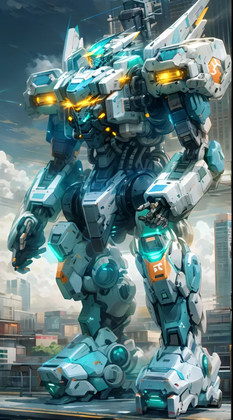 sky, cloud, holding_weapon, no_humans, glowing, , robot, building, glowing_eyes, mecha, science_fiction, city, realistic,mecha