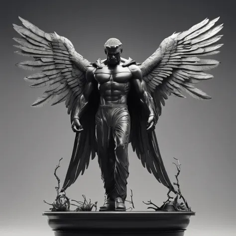 a close up of a noir black statue like male with large wings, humanoid male, faceless, devoid of a face and hair, lack of facial features, plain face, flat mask, angel of death, unreal engine render + a god, villain has black wings, no face, plain face, mu...