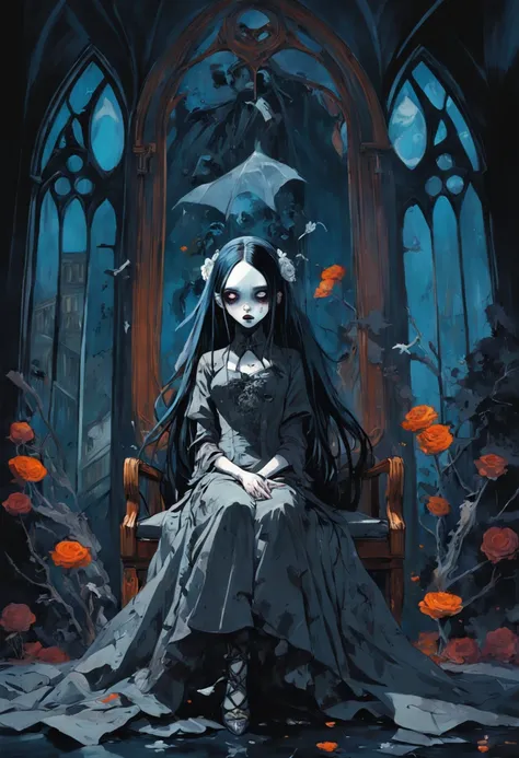 Laideur. Neogothic. Melancolic. In the style of Adrian Ghenie, Esao Andrews, Jenny Saville, Edward Hopper, surrealism, Dark Art par James Jean, Takato Yamamoto, Minimalisme inkpunk. Tim Burton. Dans le style de Corpse Bride.