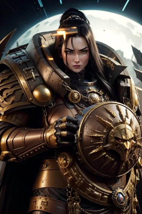 40 year old women, fabulous, gorgeous, best quality, 8k, Mongolian, long dark hair, brown eyes, aggressive facial expression, space marine, Fujifilm, 12k, gothic, dark, ultra sharp, different armor, NSFW, cyberpunk, different posses