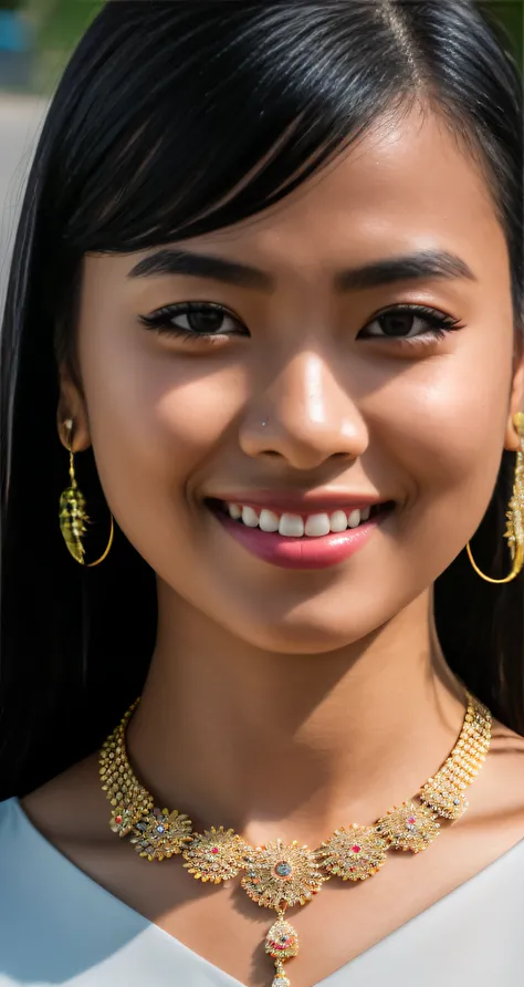 8k, RAW photo, portrait, best quality, ultra high res, photorealistic, north sumatra,
1girl, black hair, earrings, necklace, car, grin, eyelashes,cinematic lighting,  depth of field, lens flare, body and face are facing camera, lens f2.0