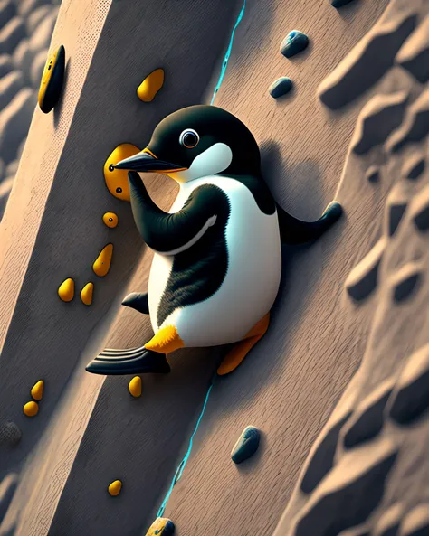 A Pinguin which ist climbing a Rock climbing wall