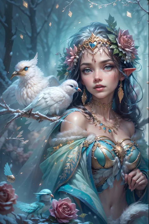 This is a realistic fantasy artwork taking place in a subzero cold winter landscape. Generate a stately, elegant, and graceful (((Pocahontas))) elf in a magical world of stunning gilded roses with multicolors and shimmering ice glittering in the light. Her...