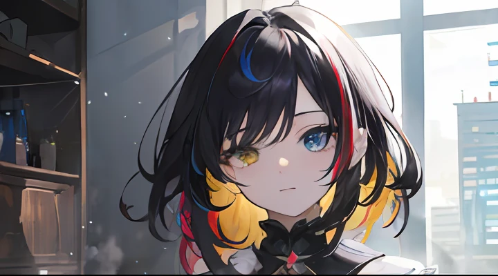 {{masterpiece}}, best quality, extremely detailed CG unity 8k wallpaper, cinematic lighting, lens flare, beautiful detail eyes, black,  side glance,  multicolor hair, colorful light, particles, heterochromia, (colorful:1.5), (colorful hair:1.5),