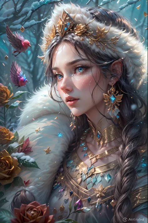 This is a realistic fantasy artwork taking place in a subzero cold winter landscape. Generate a stately, elegant, and graceful (((Pocahontas))) elf in a magical world of stunning gilded roses with multicolors and shimmering ice glittering in the light. Her...