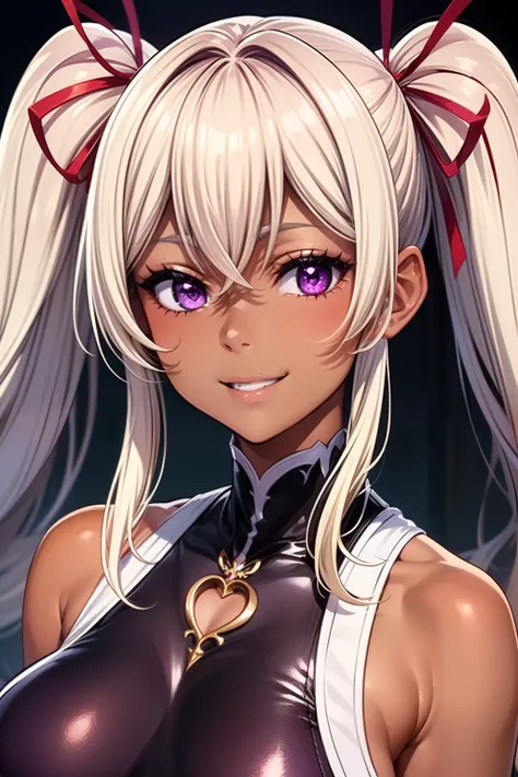 (masterpiece, best quality, ultra-detailed), 1girl, purple eyes, blonde hair, dark skin, twintails, looking at viewer, (portrait...