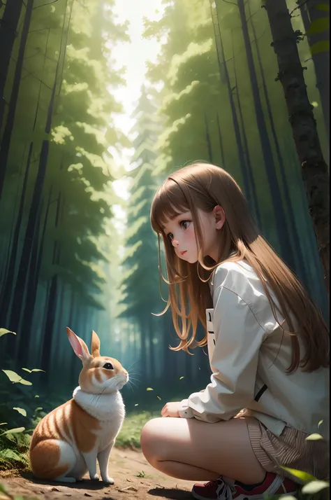 7 years old Caucasian girl with light brown hair looking at white rabbit in the forest