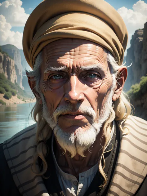 Close-up of the face of an old Israelite man, illuminated by sunlight, clouds and a river in the background.